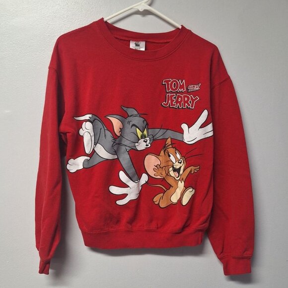 Tom and Jerry Sweatshirt Crewneck Red Womens Junior Small 3 5 Cat Mouse Cartoon - Picture 1 of 9